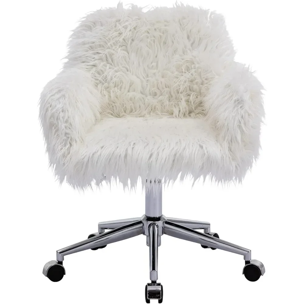 Fluffy Desk Chair Faux Fur Swivel Armchair with Wheels Adjustable Silver Base for Girls Home Office