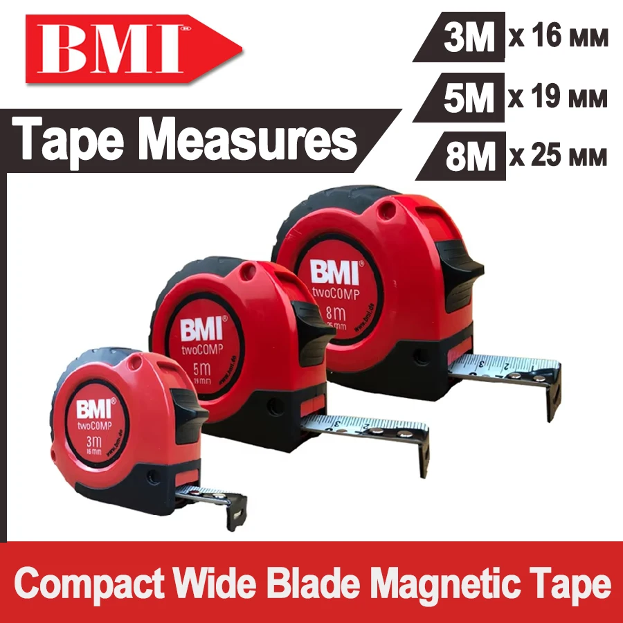 BMI 2m/3m/5m/8м Compact Wide Blade Magnetic Tape Measures with mm Graduation for Designer, Decorator NO.472 241|472 541