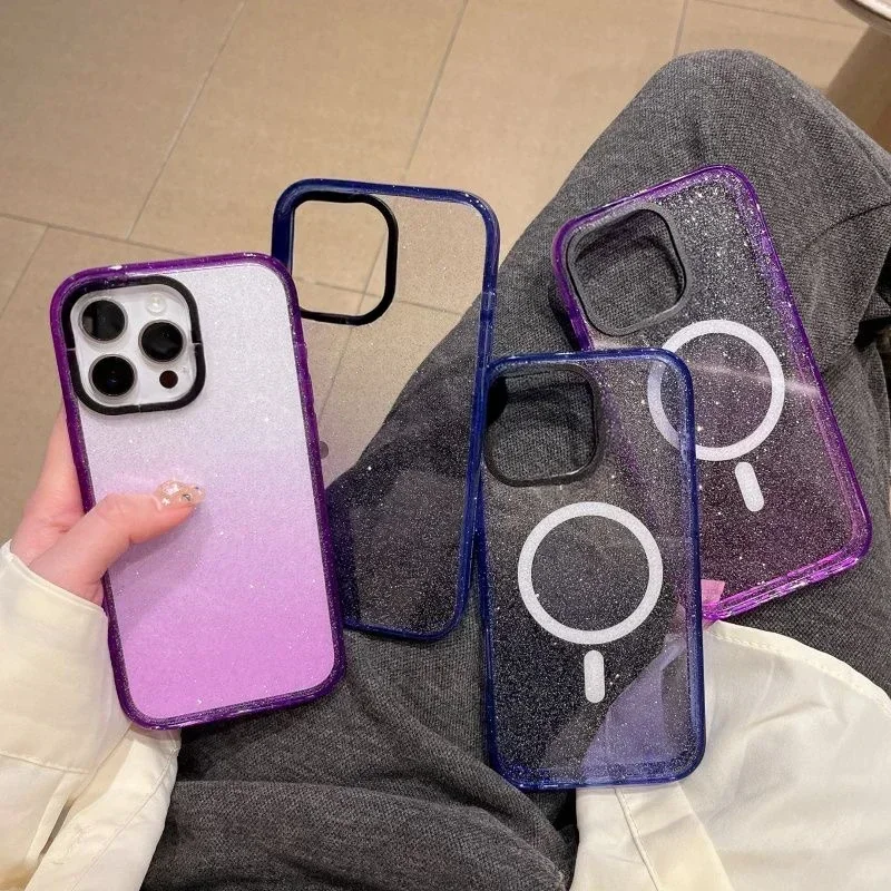 غطاء حماية لهاتف iPhone ذو حدود شفافة باللون الأزرق والأرجواني على شكل غابة كرتونية لهاتف 16 15 14 Pro Max