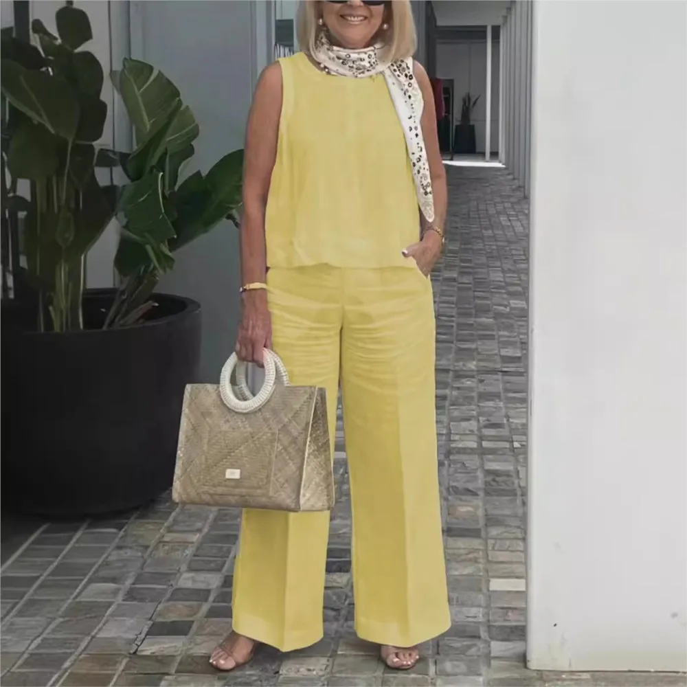 Spring Summer Cotton Linen Solid Color Sleeveless Vest Top Women Pants Suit Casual Pocket Elegant Female Office Retro 2Piece Set