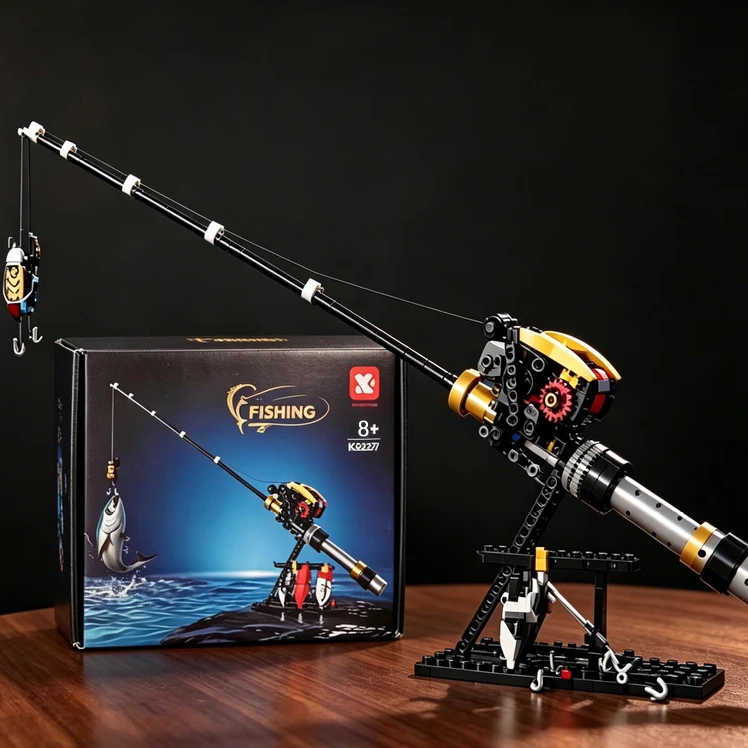 Baitcasting Fishing Rod Building Blocks With Fishing Rig Assembly Toys Bricks Model Gear Structure Vertical Adjustable For Gifts