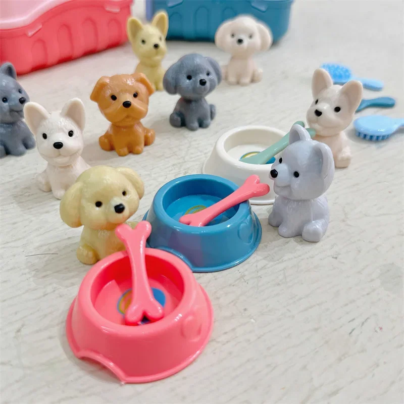 8Pcs/set Children Play House Pet Basket Toys Dog Doll Set Dog Cage Family Funny Toys Scene Playing Decoration Gifts