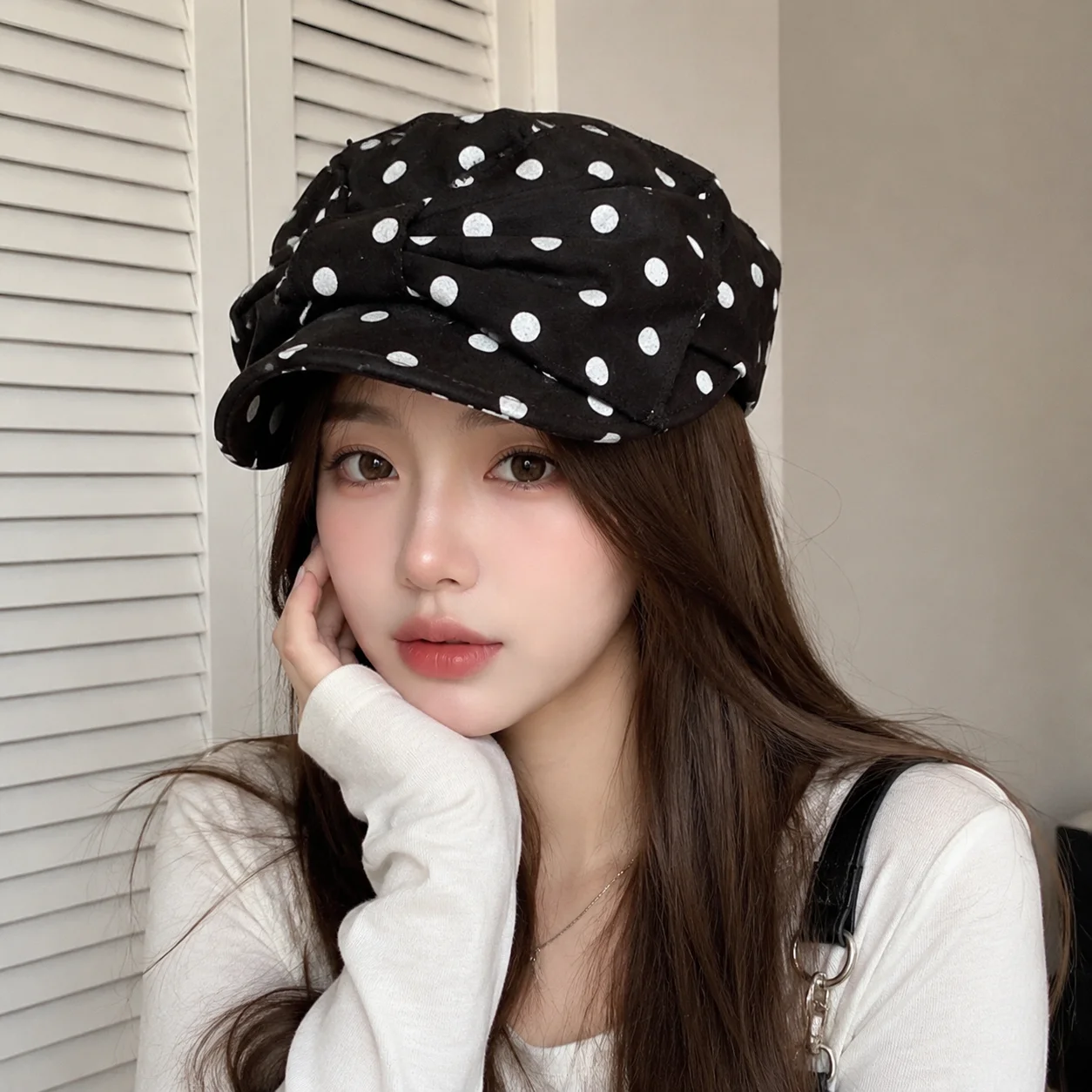 Korean Style Retro Bow Equestrian Hat for Women Sweet Polka Dot Linen Duckbill Hat Outdoor Versatile Sun-shielding Hat