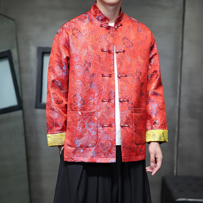 Chinese Style Jacket Men Tang Jacket Jacquard Mandarin Collar Frog Button Wedding Suit Jacket Couple Outfit Traditional Blazer