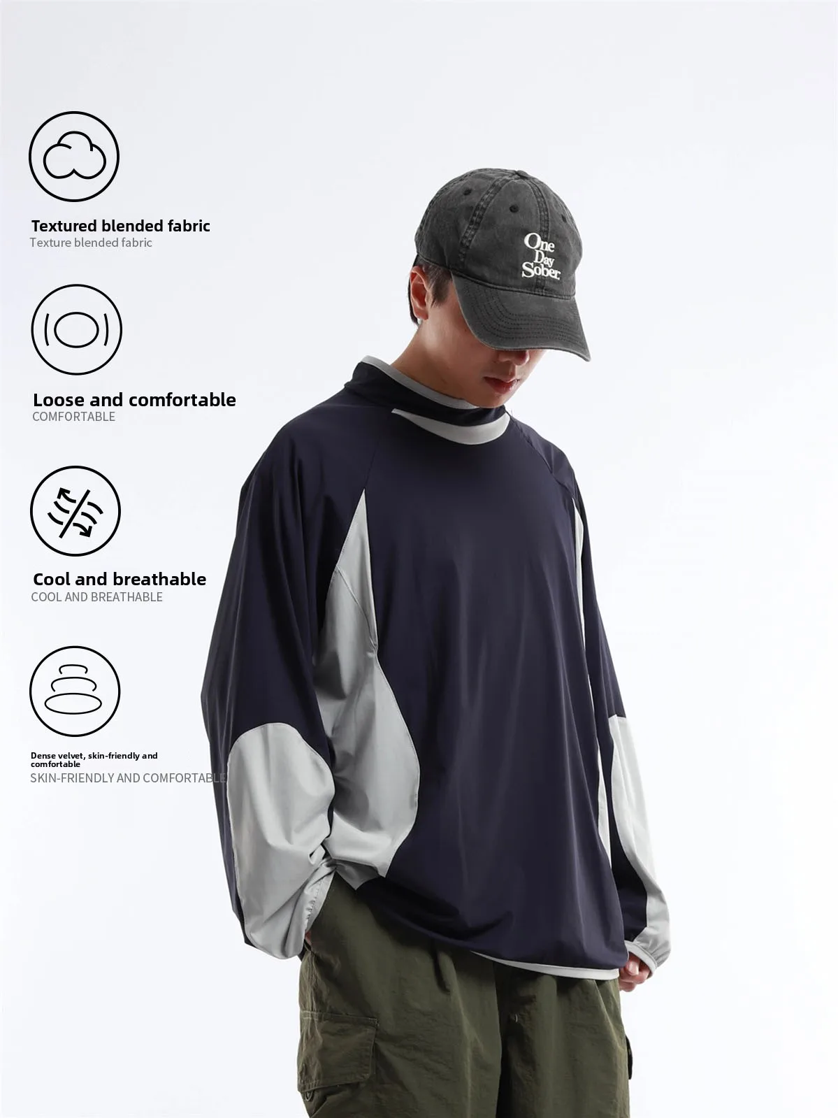 Loose Fit Long Sleeve Sweatshirt Jacket Thin round Neck Pullover Color Block Outdoor Style Spring Autumn Breathable Cotton Blend