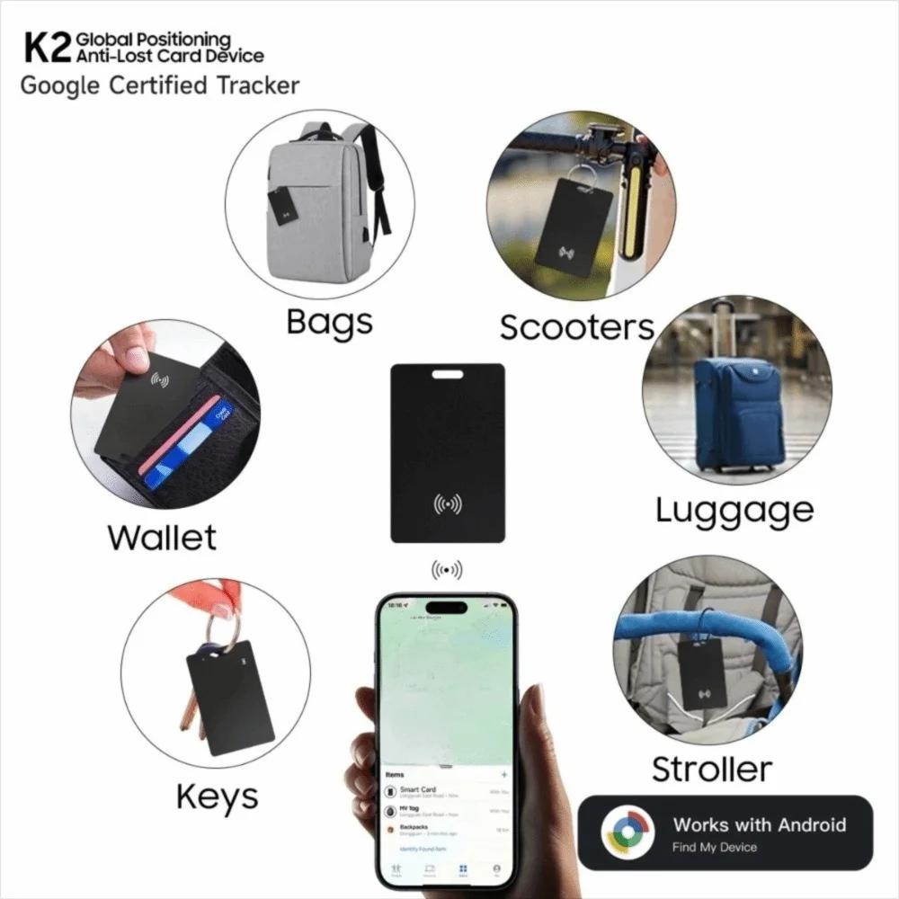 กระเป๋าสตางค์พร้อมที่ชาร์จไร้สาย ติดตามตำแหน่งด้วยการ์ด IP68 ใช้ได้กับกุญแจ กระเป๋าเดินทาง สัตว์เลี้ยง ระบบติดตาม GPS ของ Google พร้อมระบบค้นหาผ่าน Google Find My