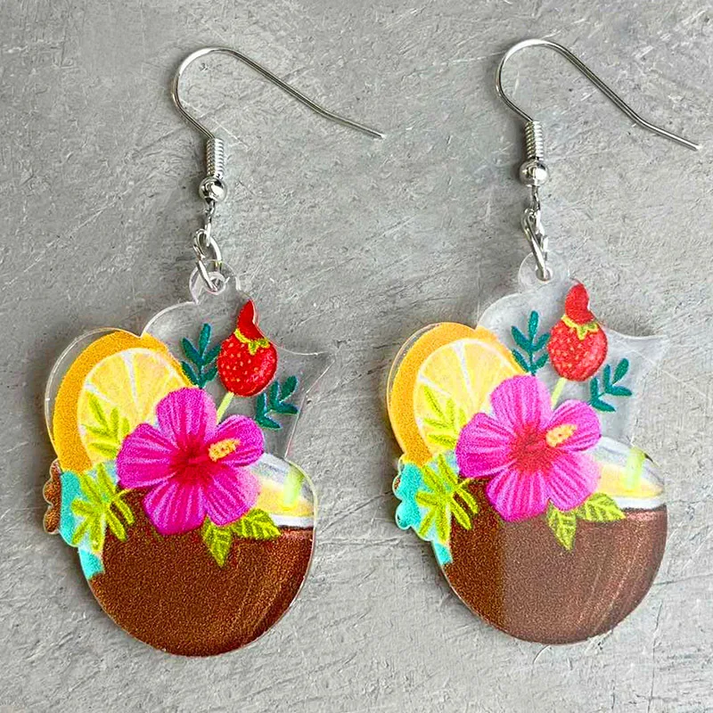 Summer Beach Vacation Cocktail Acrylic Drop Earrings For Women Hawaii Coconut Milk Pendientes Party