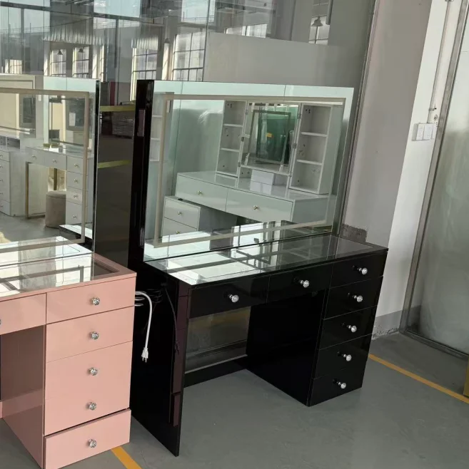

#Modern Black MDF Wooden Dresser Bedroom Furniture Sliding Mirror Dressing Table Strong Makeup Vanity Table Desk Set