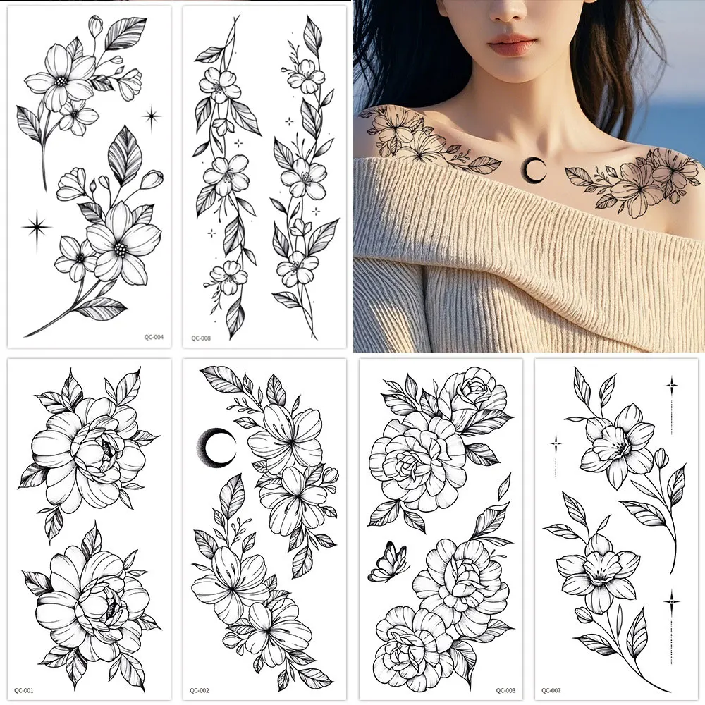 

Black Flower Temporary Tattoos for Women Floral Fake Tattoo for Arm Body Sleeve Decor Waterproof Tattoo Stickers