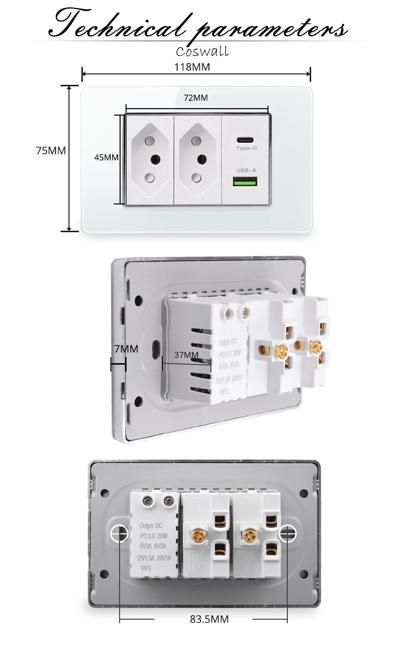 Coswall 118*72mm weiß PC-Panel Brasilien Standard 20a Wand steckdose pd 3.0 20w Typ-C Dual-USB-Schnell lades teckdose