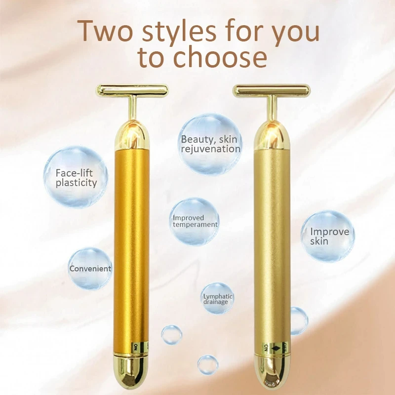 24k Gold T-shaped Vibrating Facial Roller Beauty Bar Slimming Face Massager Device Tightening Anti-wrinkle Facial Care Tools