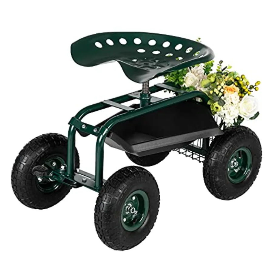 

Garden Cart for outdoor planting polypropylene green adjustable 360-degree swivel seat with wheels basket and tool tray