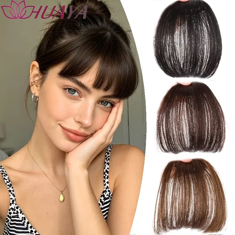 Natural Clip On Thin Air Bangs Synthetic Fake Fringe, Invisible Straight Bangs Hair Pieces Multi Brown Black Colors