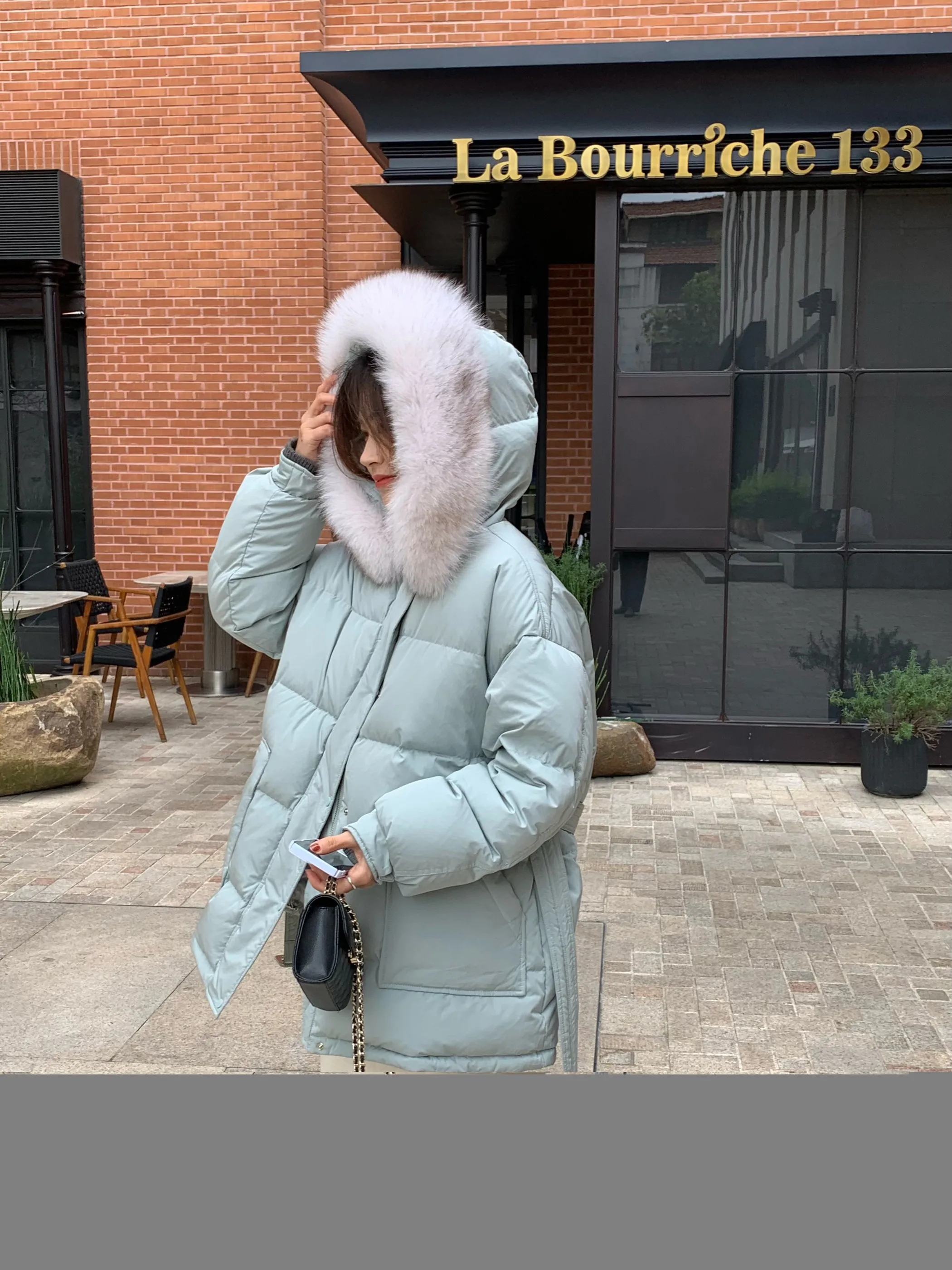 

Утепленное пальто Sunny Home из корейского гусиного пуха с меховым воротником и поясом на талии, средней длины, универсальное, теплое, для женщин