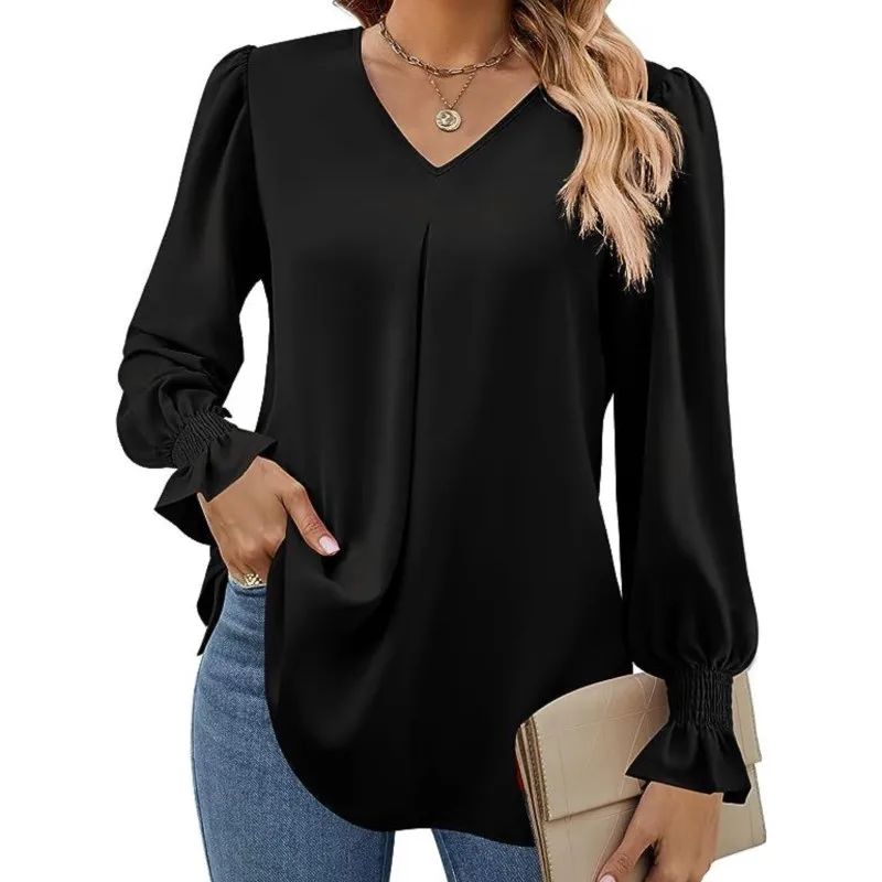 Women\'s New Solid Color Chiffon Shirt V-neck Pullover Flared Long Sleeved Top Shirt Office Lady Elegant Khaki Loose Blouses