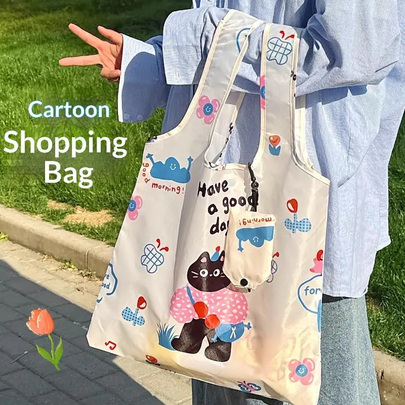 Foldable Lightweight Reusable Shopping Bag Cartoon Cat Striped Print Durable Tote for Grocery Travel Outdoor Daily Use