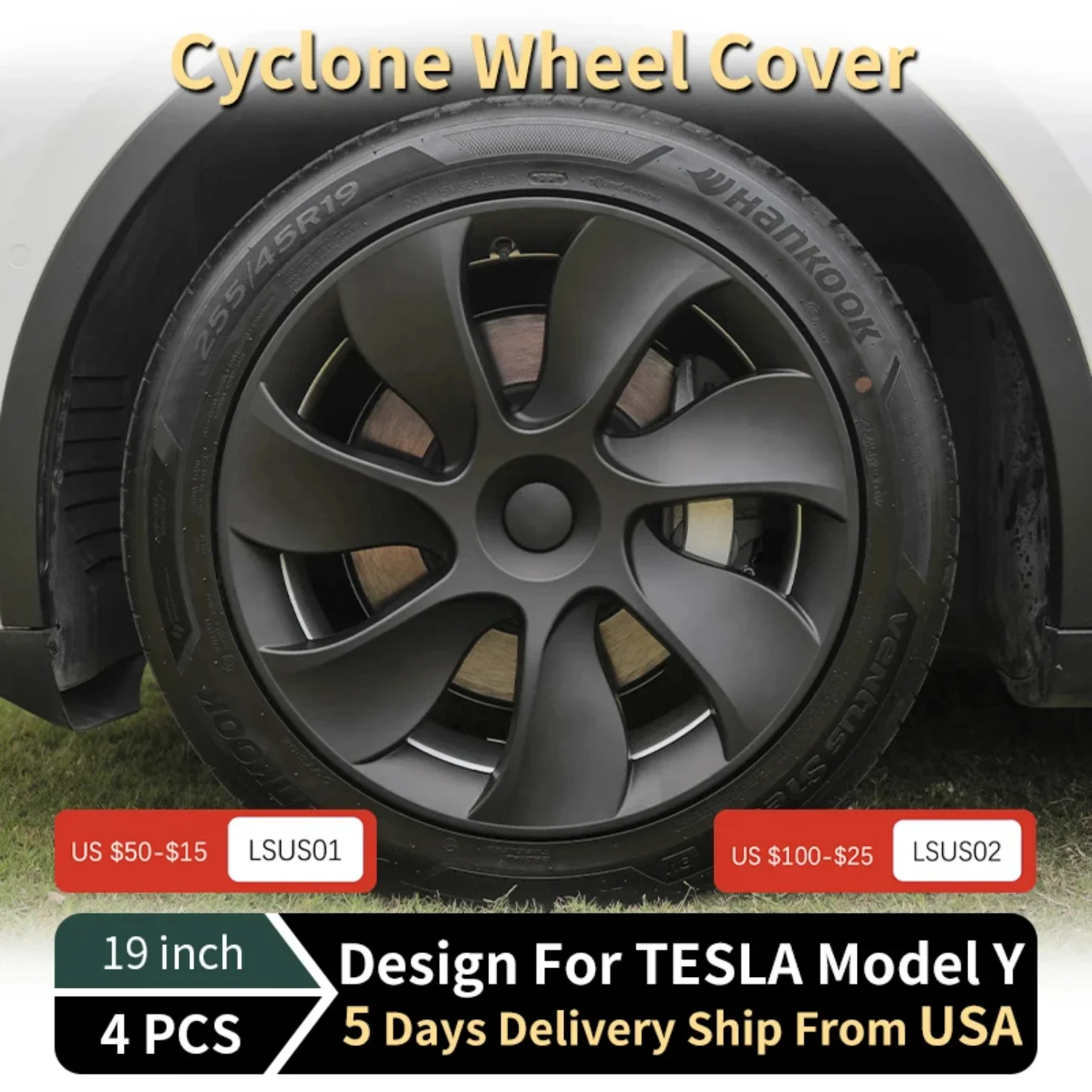 

4PCS Wheel Design Model Y 2023 19 Inch Right＆Left Hubcaps Cyclone Cover Wheel Cover Replacement Accessories