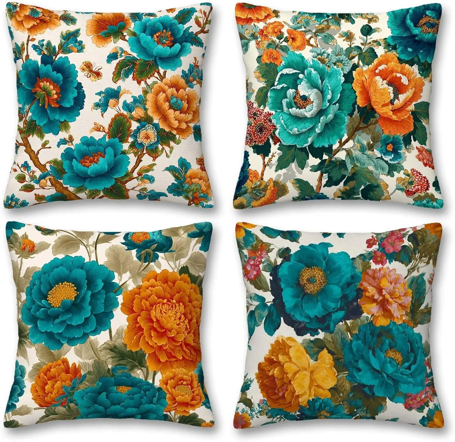 4Pcs Botanical Throw Pillow Retro Teal Orange Peony Branch Butterfly Antique Floral Art Design Cushion Cases for Vintage Airbnb
