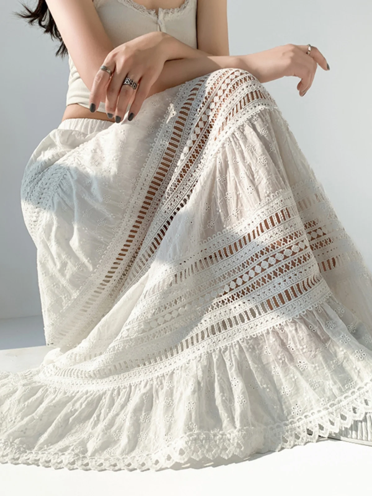 

Fashionable High-End Feel 2026 New Summer Women's Design White Ballet Style Hollow out Lace Half Skirt High Waist A-Line Long...