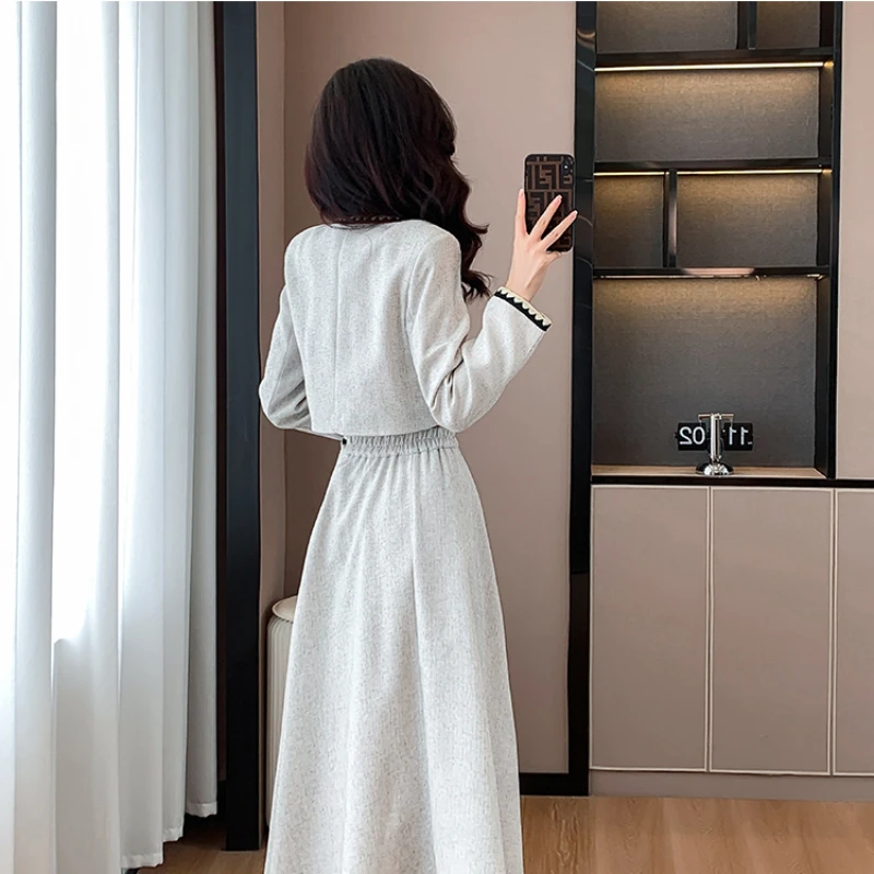 Small Fragrance Autumn Winter Fashion Women\'s Suit Single-breasted O Neck Short Coat + High Waist Mid Length Skirt 2 Piece Set