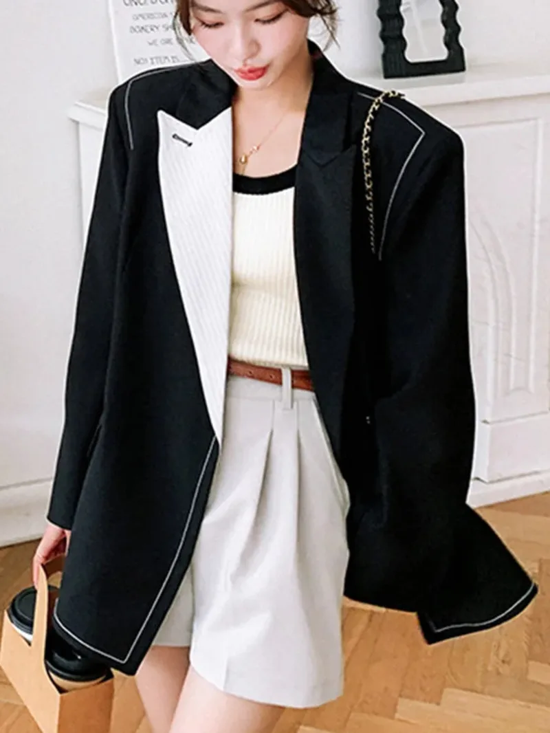 Spliced Blazer Colorblock For Women Notched Collar Long Sleeves Single Button Casual Suit Coat 2025 Chic New 2TEST