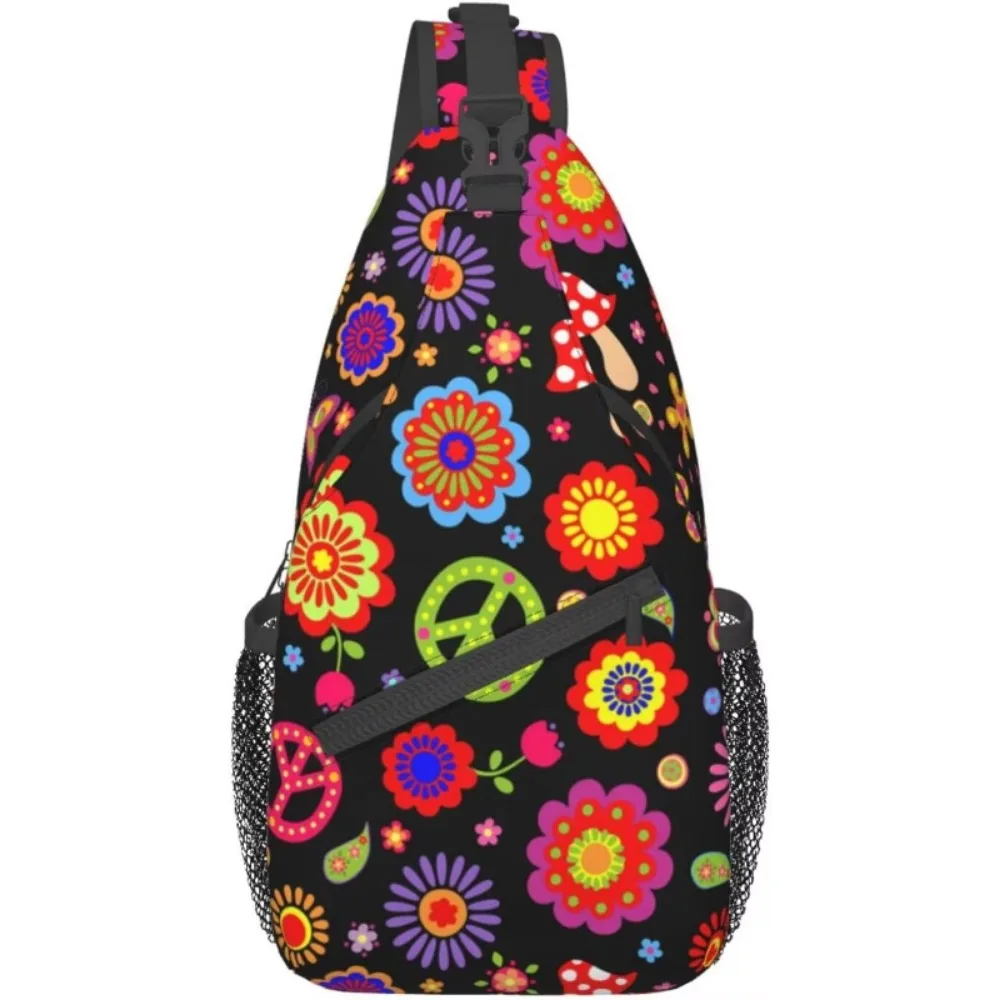 

Cartoon Flower Mushroom Butterfly Peace Symbols Sling Backpack Crossbody Sling Bag Travel Chest Daypack Hiking Shoulder Bag