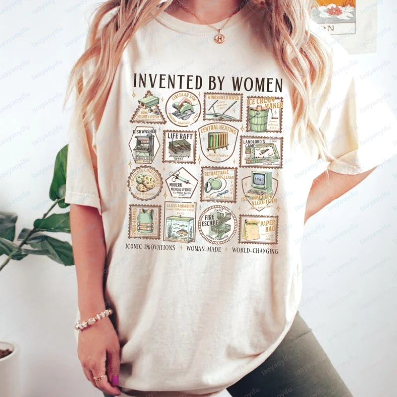 

Invented By Women Shirt Girl Scientist Printed Tops Women in Science History Feminist Gift Gender Equality in Science Retro Tee