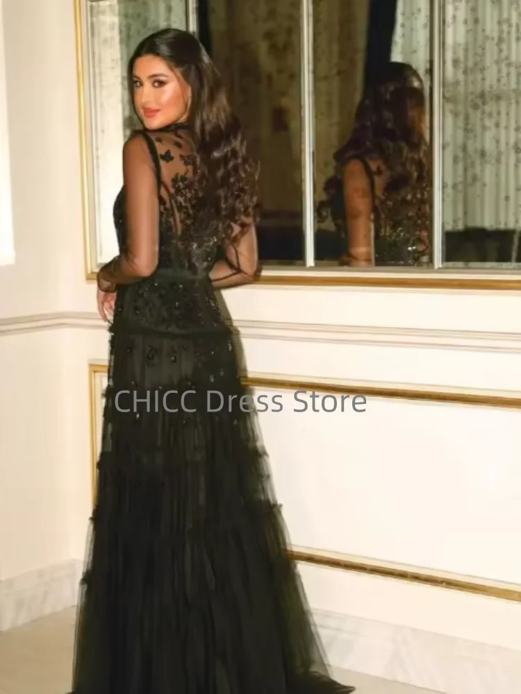 Saudi Evening Dresses Long Sleeves Prom Dresses Black Lace Bead O-Neck Floor Length Tulle Party Gown Customized robes de soirée