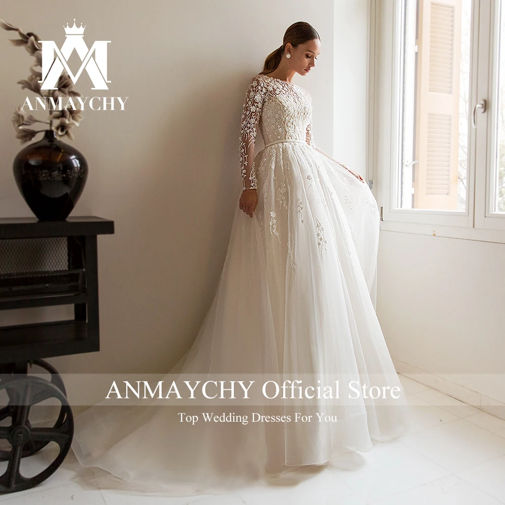 ANMAYCHY a-line فساتين زفاف للنساء 2023 طويلة الأكمام الوهم زر الزهور الدانتيل الخرز ثوب الزفاف Vestidos De Novia