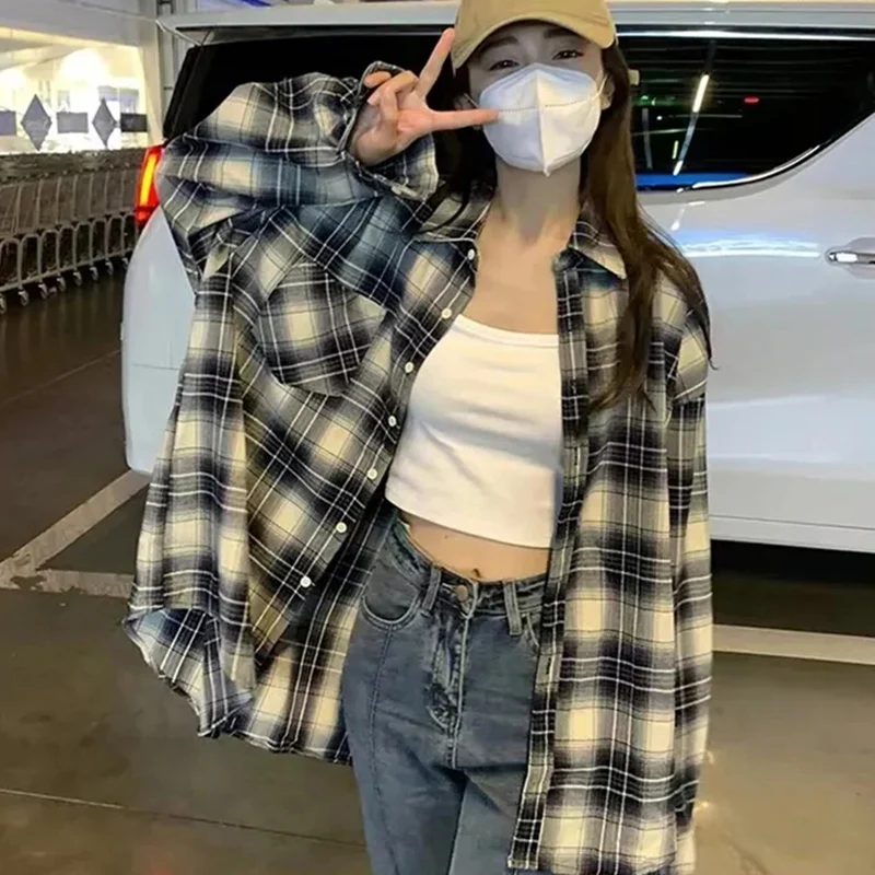 Rimocy Autumn All Match Plaid Shirts for Women Korean Fashion Button Up Oversized Shirt Woman 2024 Aesthetic Loose Blouse Female