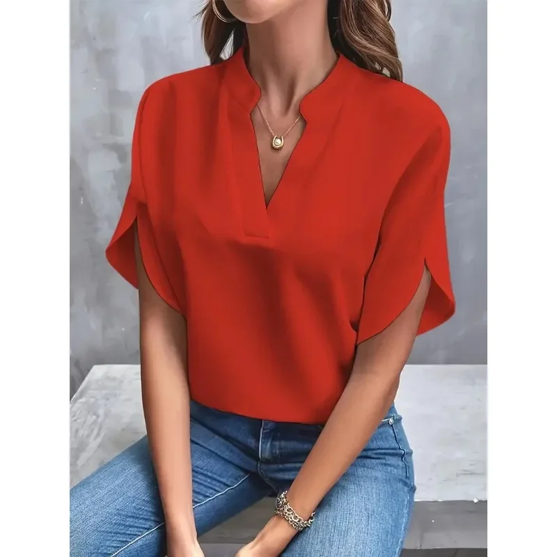 New Summer Women\'s Elegant Commuting Shirt Simple Solid Color Fashion V-neck Short Sleeved Shirt Loose Casual Holiday Shirt