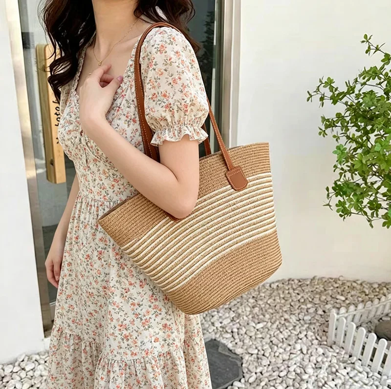 CLAREGQI  Women's Striped Straw Tote Bag, Large Capacity Woven Beach Bag, Casual Shoulder Bag with PU Leather Handles, Summer Tr