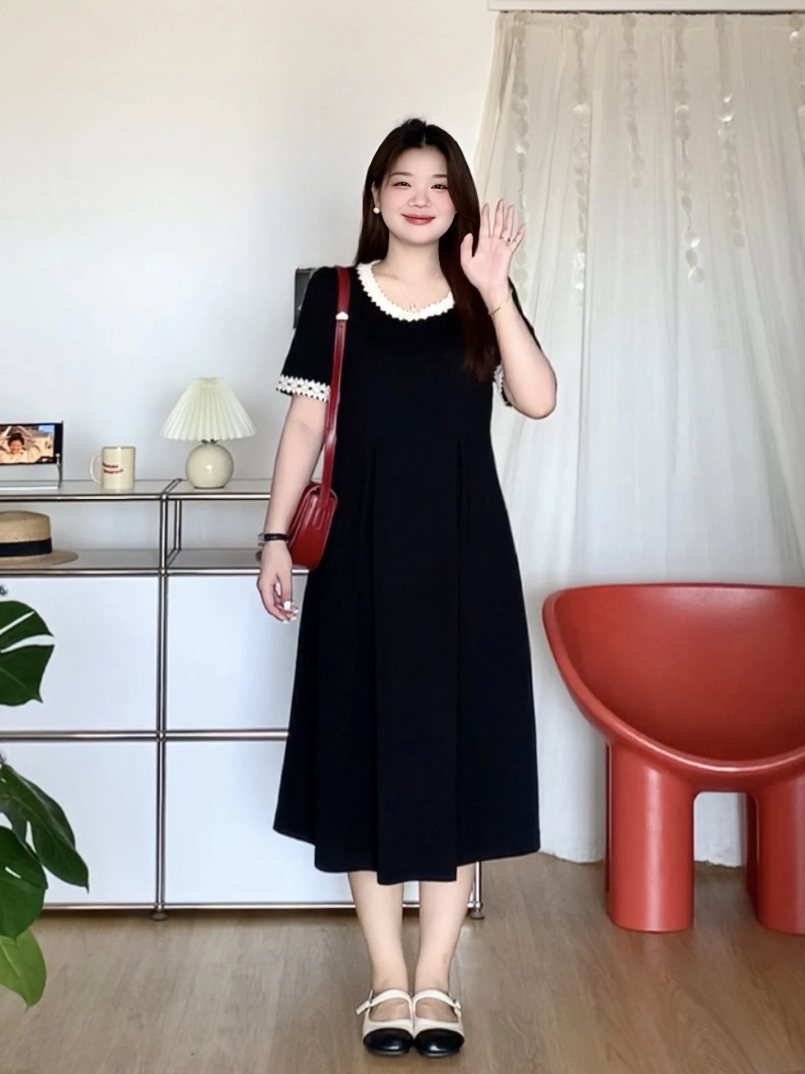 

plus Size Lace Trim Square Neck Waisted Dress for Plump Women Summer Slimming High Waist A-Line Dress Short Sleeve Midi Dress