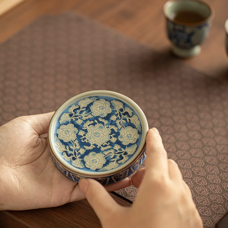 Imitation Song Ru Kiln Yuan Blue and White Porcelain Lid Rest Cup Mat Retro Ceramic Accessory For Kung Fu Tea Ceremony