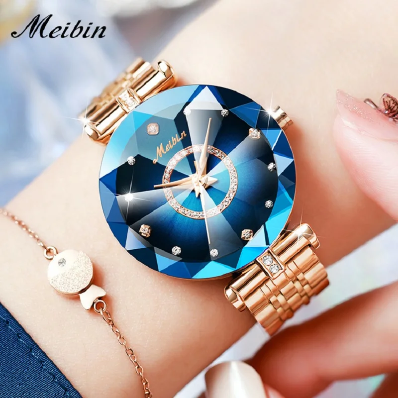 Fashion Meibin Luxury Top Brand Women Blue Lady Quartz Diamond Wristwatches Elegant Female Bracelet Girl Party Dress Reloj Mujer