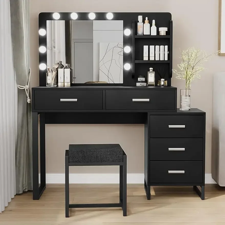 

Semiocthome Vanity Mirror with Lights and Table Set 10 LED Lights Makeup Vanity Desk with Storage Shelves and Cushioned Stool