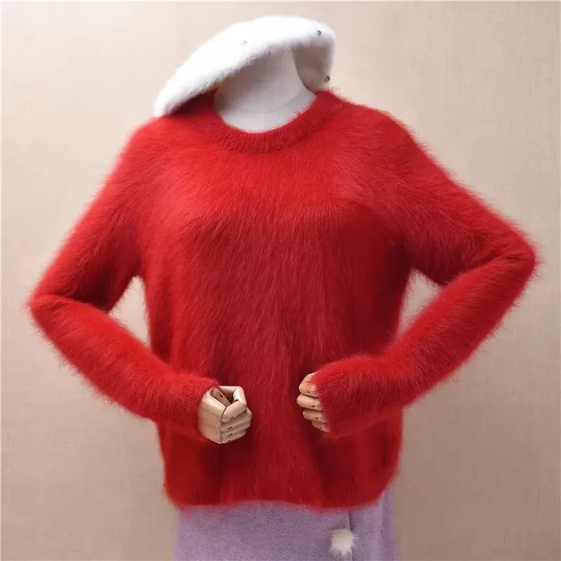 Damska odzież jesienno-zimowa Czerwony włochaty norkowy kaszmirowy dzianinowy ażurowy krótki crop top z okrągłym dekoltem luźny sweter pulower