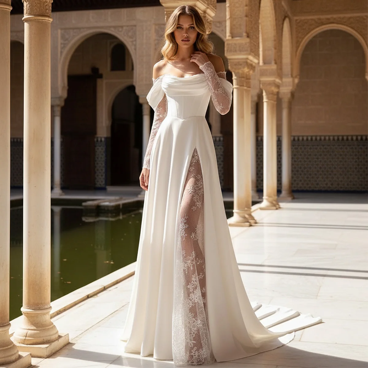 

Elegant Satin Off Shoulder Wedding Dresses Long Ball Gown With Train 2025 Vestido Novia Slit Lace Bridal Gown For Women