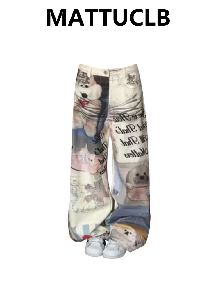 

Women Wide Leg Chic Grunge Harajuku Jeans Japanese Low Rise Gyaru Y2K Print Denim Pants 2000s Aesthetic Cyber Punk Baggy Goblin