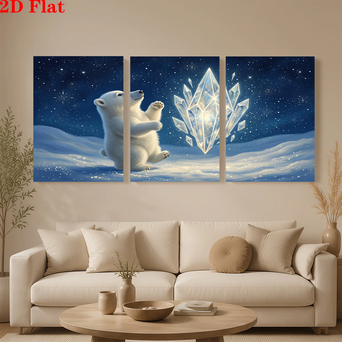Frameless 2D 3pcs Canvas Art Wall Hanging- A polar bear admires a glowing crystal under stars. Suitable for Decorating Office