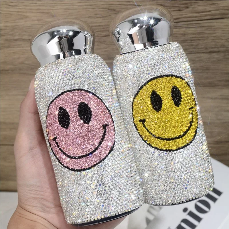 Rhinestone Smile Face Vaccum Portable Insulated Cup DIY Handcraft Shiny Mosaic Bling-bling Creative Luxury Gift For Girl Wife