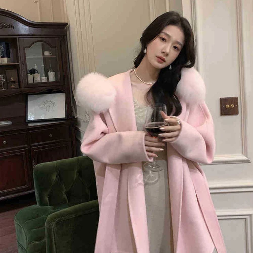 Wool Blend Jacket 2026 New Autumn Winter Cape Double Faced Cashmere Real Fox Fur Collar Coat Gentle Mid Long Outerwear Women