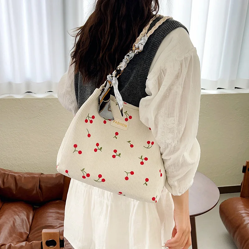 Women Cherry Embroidery Corduroy Tote Bag Cute Canvas Shoulder Bag with Scarf Handle Fashion Casual Handbag for Girls 2026 New