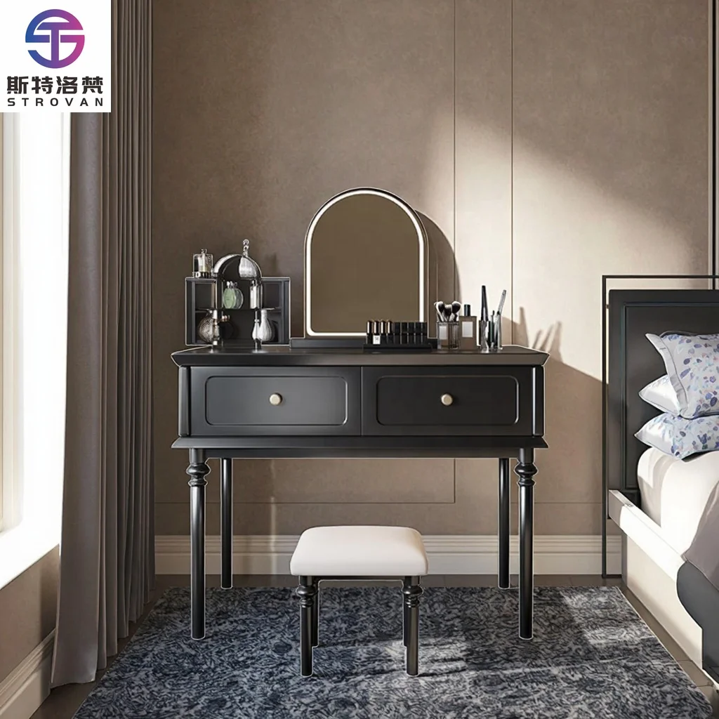 Luxury Traditional Solid Wood Adjustable LED Mirror Makeup Vanity Desk Table for Small Apartment Bathroom Black