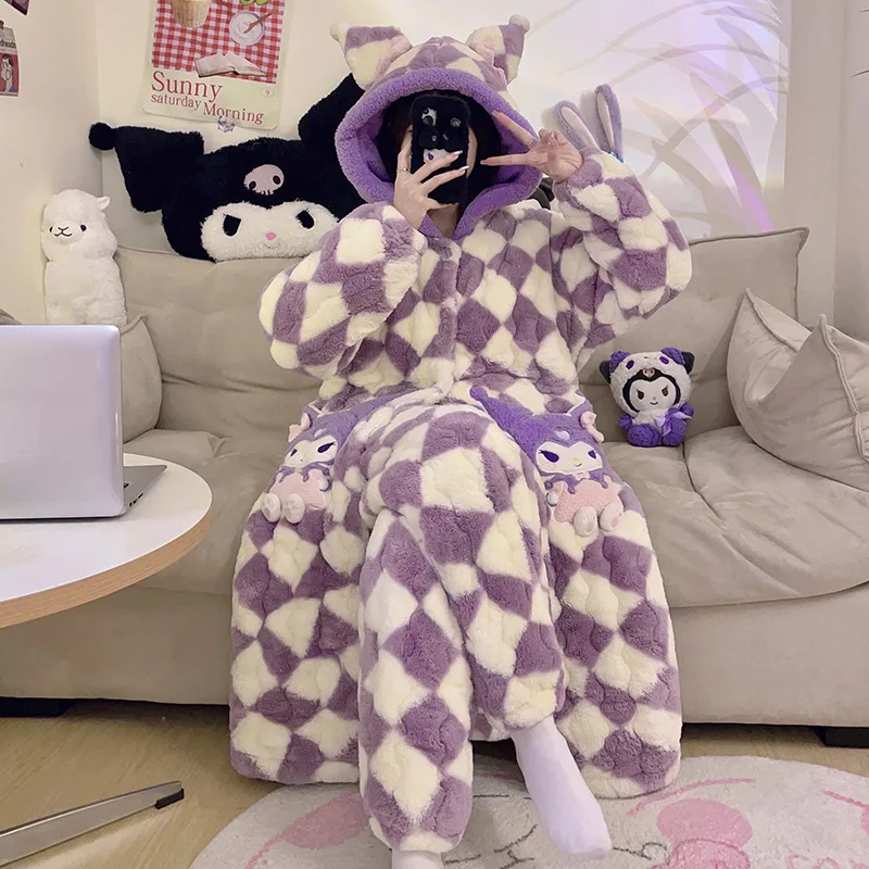 2pcs Sanrio Cartoon Kuromi Pajamas Suit  Coral Fleece Three Layer Winter Warm Long Sleeve Thickened Homewear Women Night Clothes