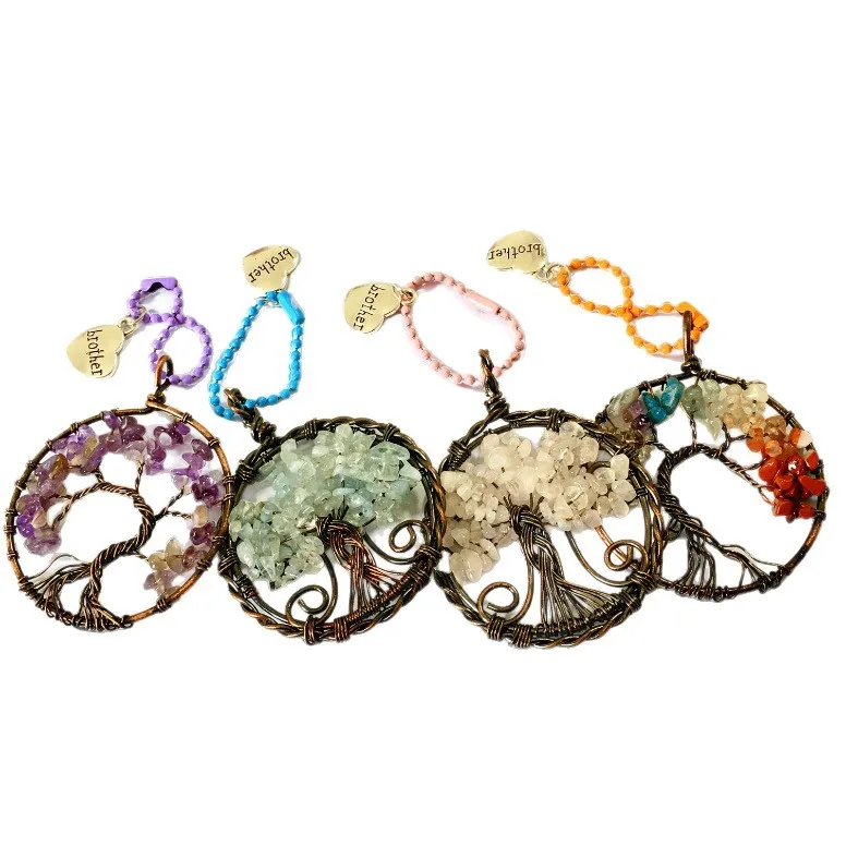 Colorful Crystal Chips Wire Wrapped Tree of Life Pendant Necklace Bag Charm DIY Jewelry Accessory Valentine's Day Gift 6.5x5cm