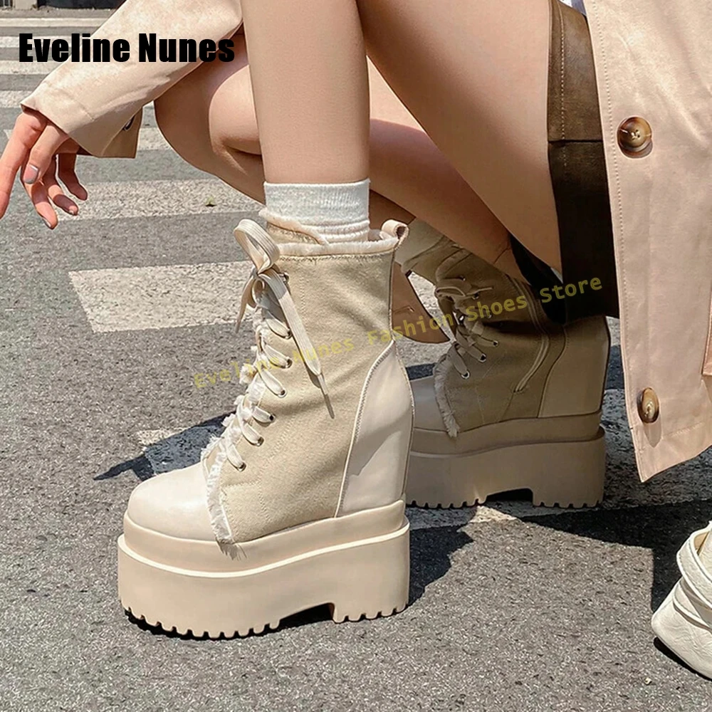 

Cross Tied Platform Mid Calf Boots Round Toe Height Increase Patchwork Solid Women Ankle Boots 2025 Autumn New Arrivals Winter