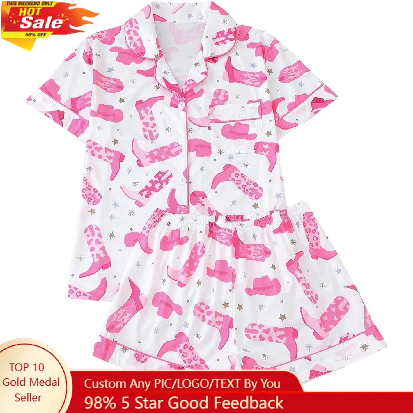 

Women's 2 Piece Boots Graphic Pajama Set Pocket Patched Button Down Shirt with Shorts Satin Sleepwear