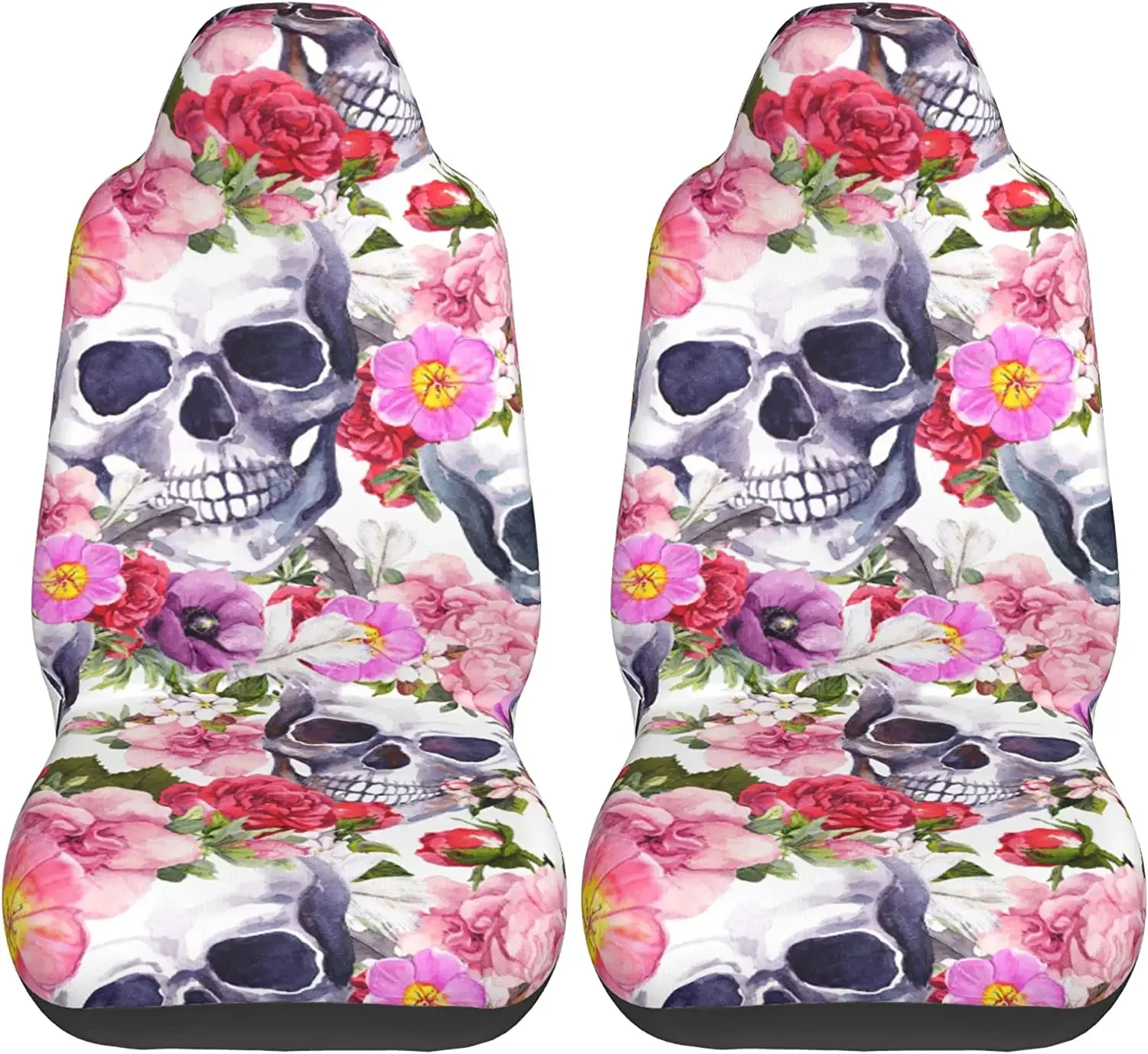 White Skulls Pink Flowers Car Seat Covers Vehicle Front Seat Covers Universal Fit Seat Protector 2 Pcs