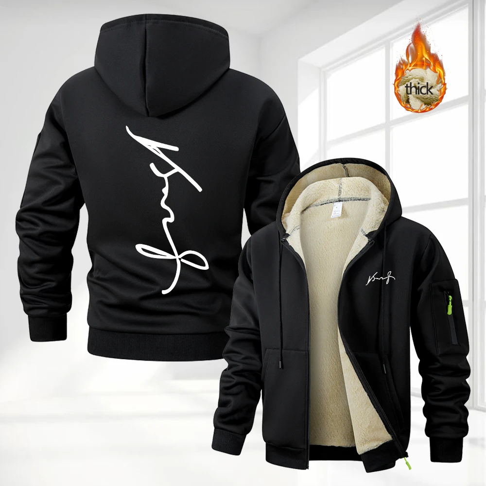 Men's Art Signature Print Thick Zip Up Hoodies Autumn Winter Warm Daily Outdoor Commute Casual Sweatshirt Street Style Top